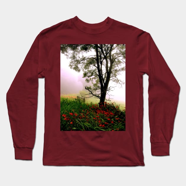 Foggy Roadside Red Long Sleeve T-Shirt by Tovers